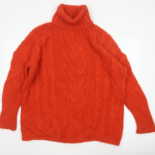 M&S Women Orange L Cable Knit Roll Neck Pullover Jumper