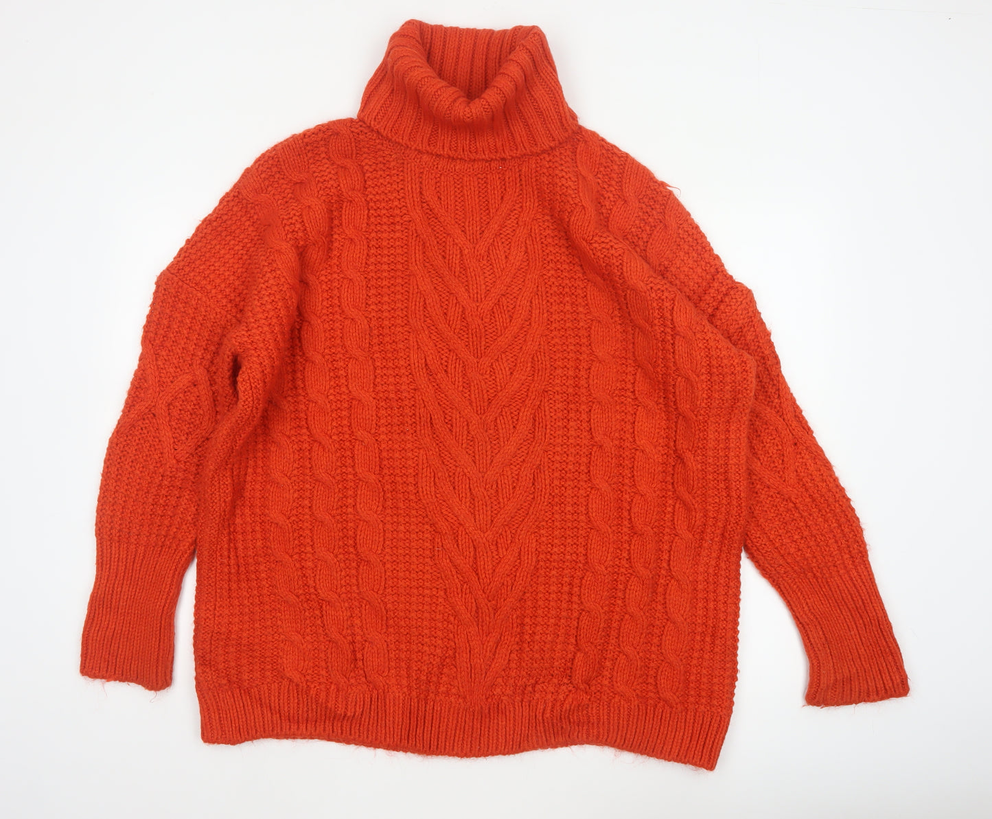 M&S Women Orange L Cable Knit Roll Neck Pullover Jumper