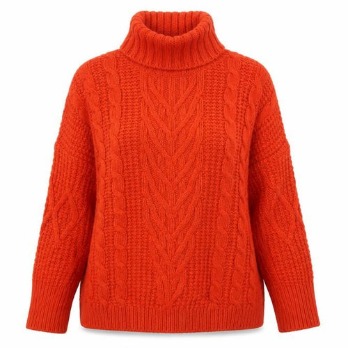 M&S Women Orange L Cable Knit Roll Neck Pullover Jumper