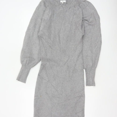 Reiss Women Grey S Long Ribbed Knit Jumper Dress Balloon Sleeves