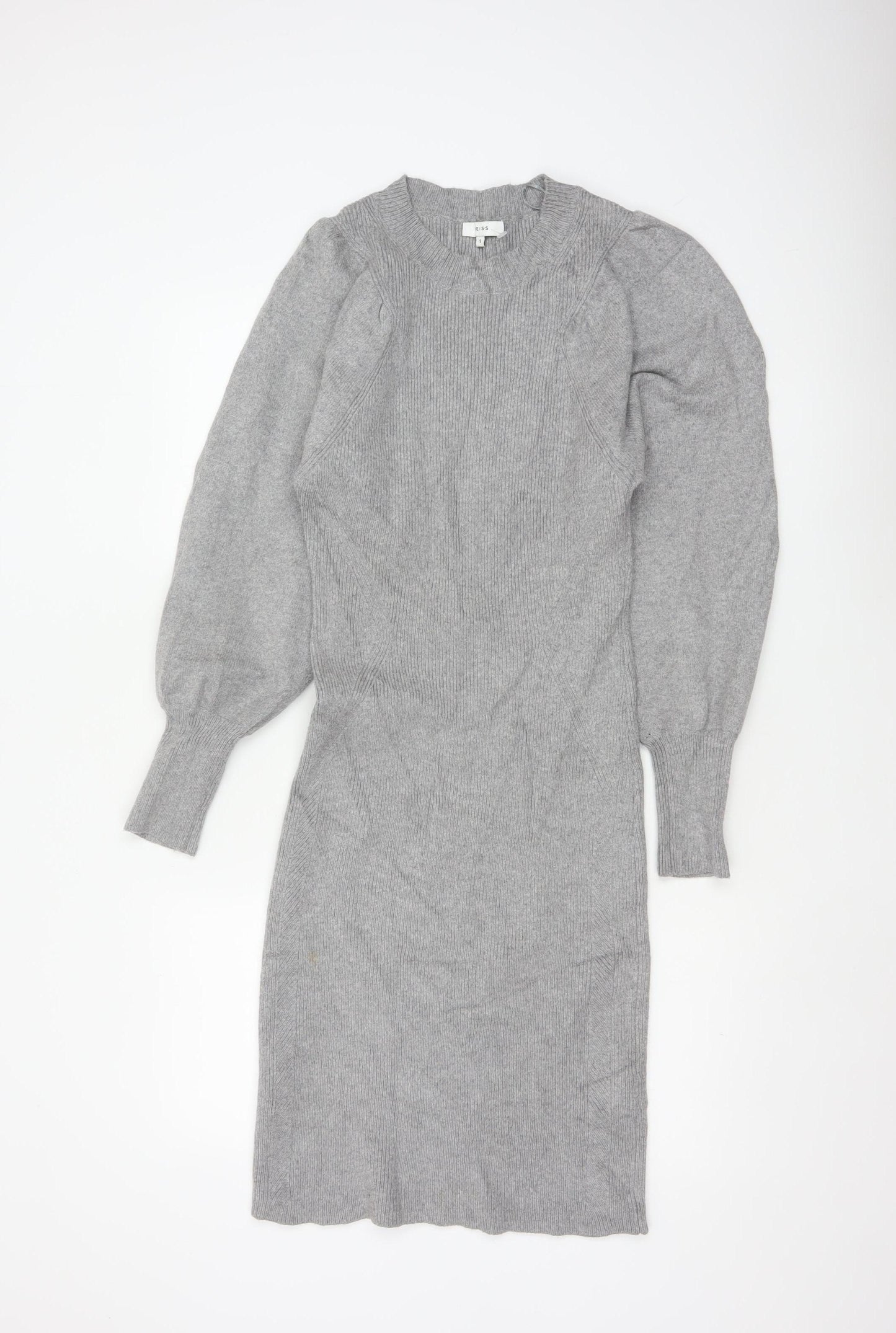 Reiss Women Grey S Long Ribbed Knit Jumper Dress Balloon Sleeves