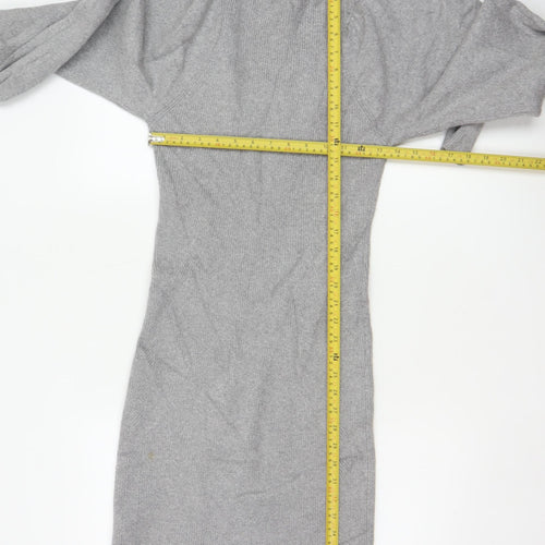 Reiss Women Grey S Long Ribbed Knit Jumper Dress Balloon Sleeves