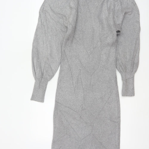 Reiss Women Grey S Long Ribbed Knit Jumper Dress Balloon Sleeves