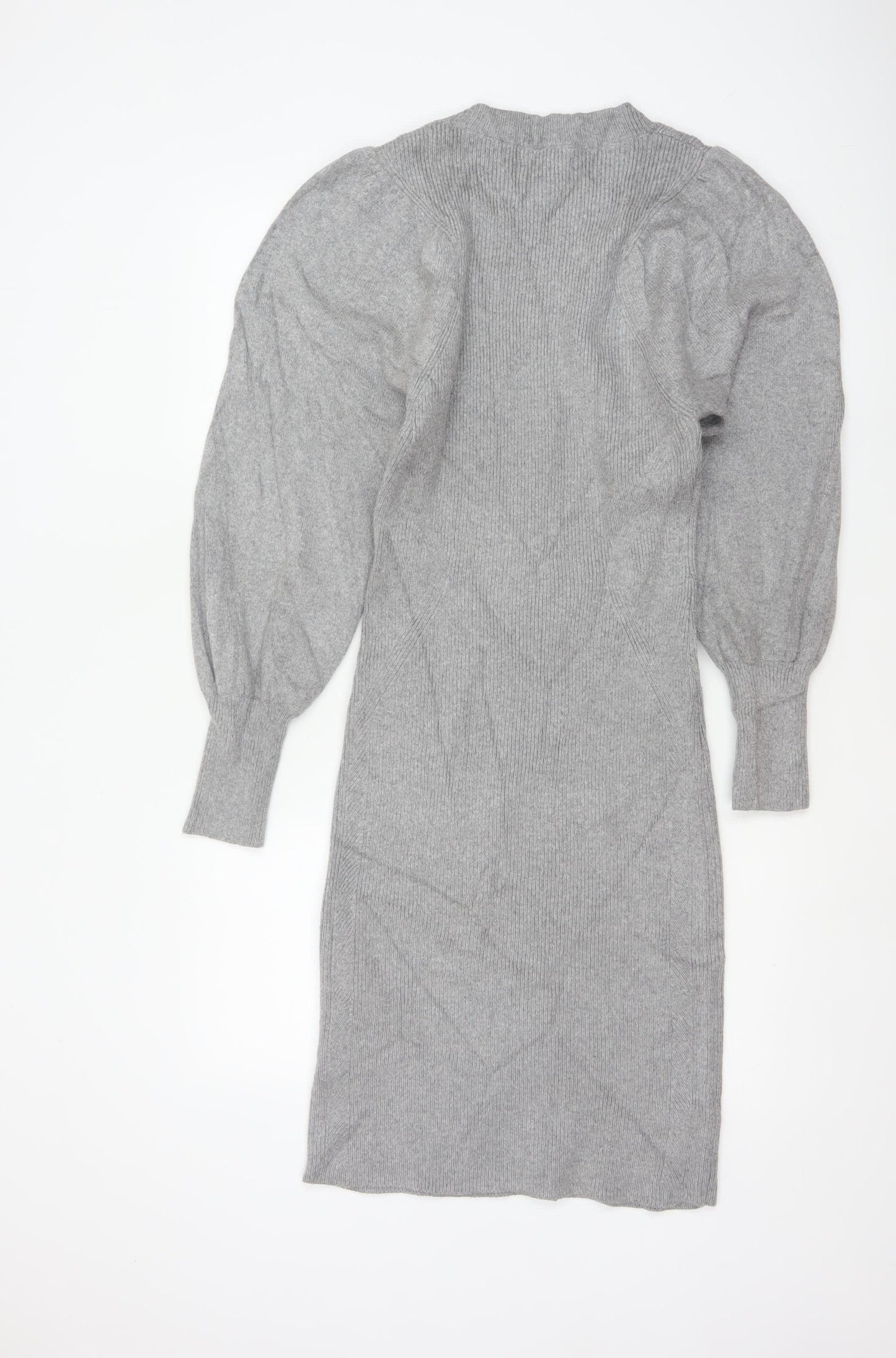 Reiss Women Grey S Long Ribbed Knit Jumper Dress Balloon Sleeves