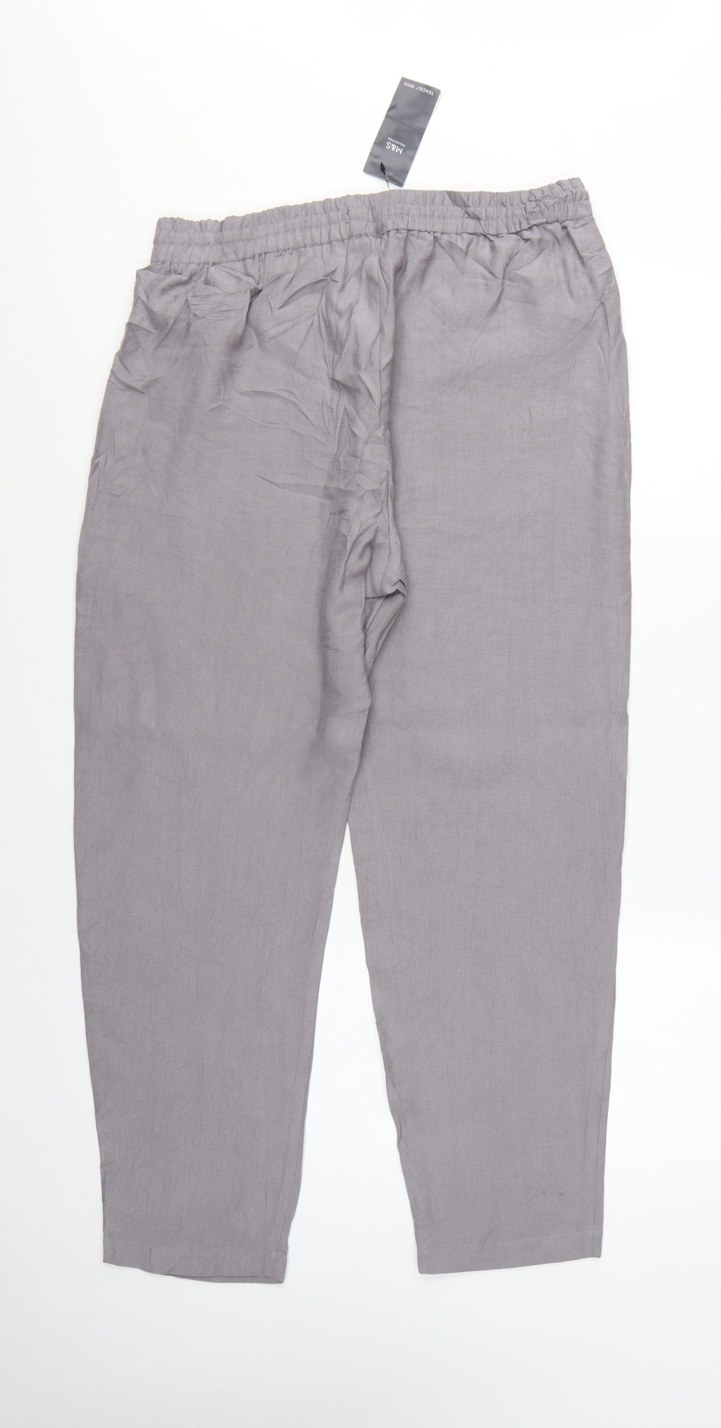 Marks and Spencer Women Grey Size 14 Tapered Tencel Rich Paperbag Trousers