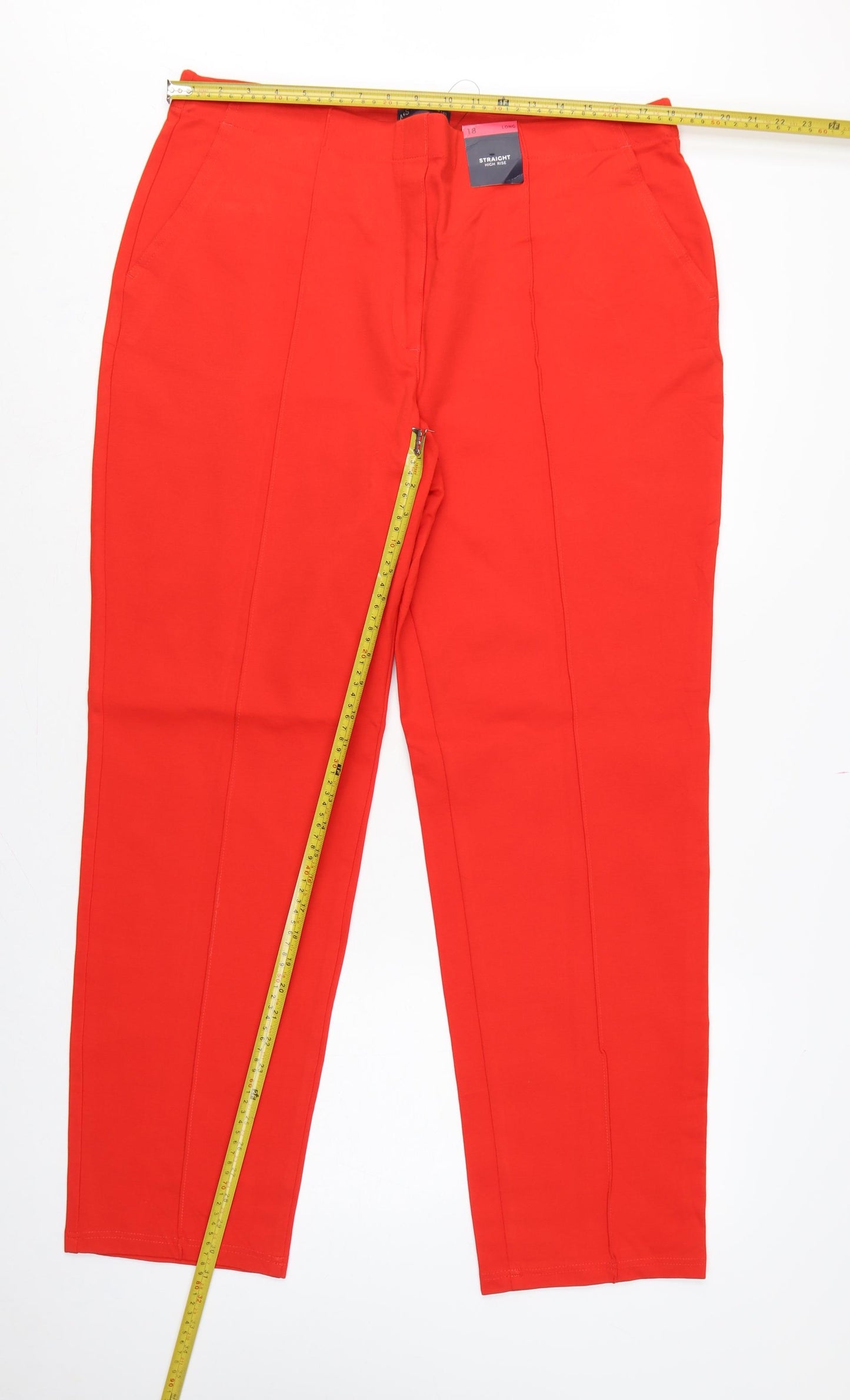 Marks and Spencer Women Red UK 18 Long High Rise Straight Trousers