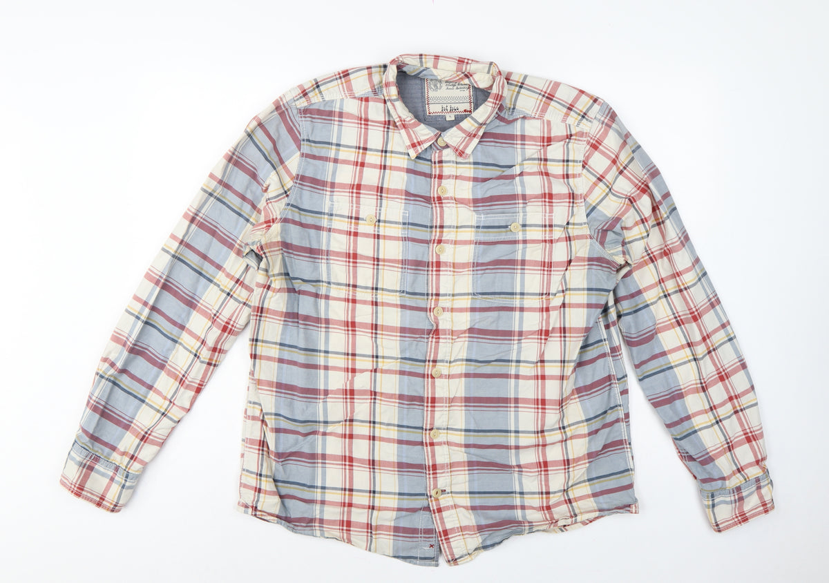 Back view of Fat Face Men’s Multicoloured Plaid Button-Down Shirt, size L, Long Sleeve