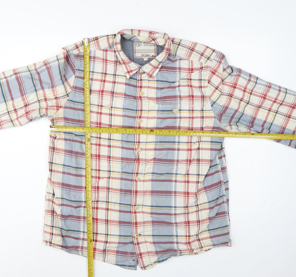 Close-up detail of Fat Face Men’s Multicoloured Plaid Button-Down Shirt, size L, Long Sleeve
