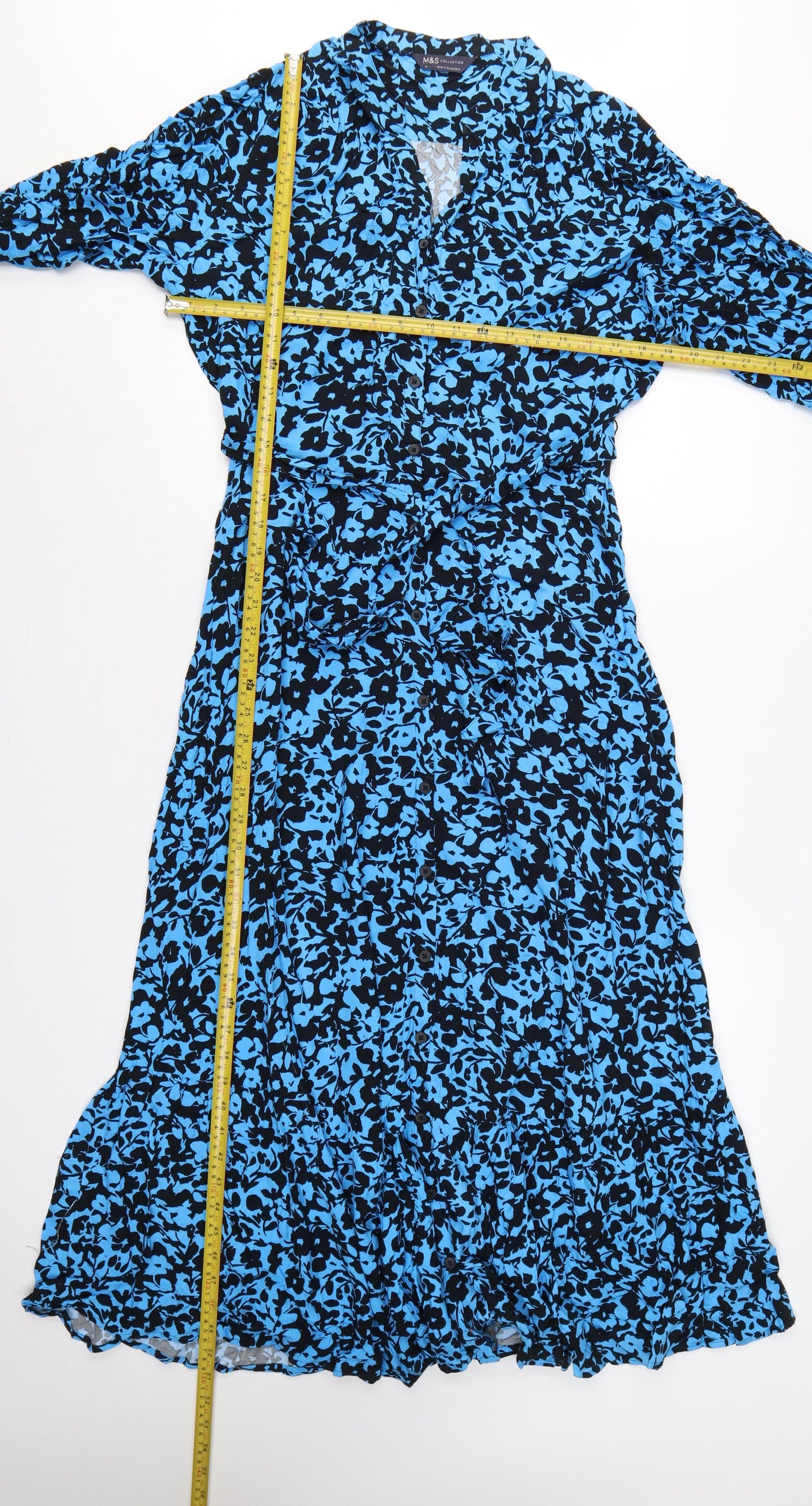 Marks and Spencer Women Blue Floral UK 14 Long Shirt Dress Belted