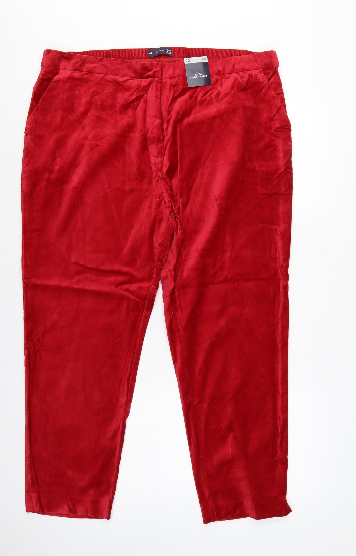 M&S Women Red Size 20 Regular Slim Ankle Grazer Cotton Trousers