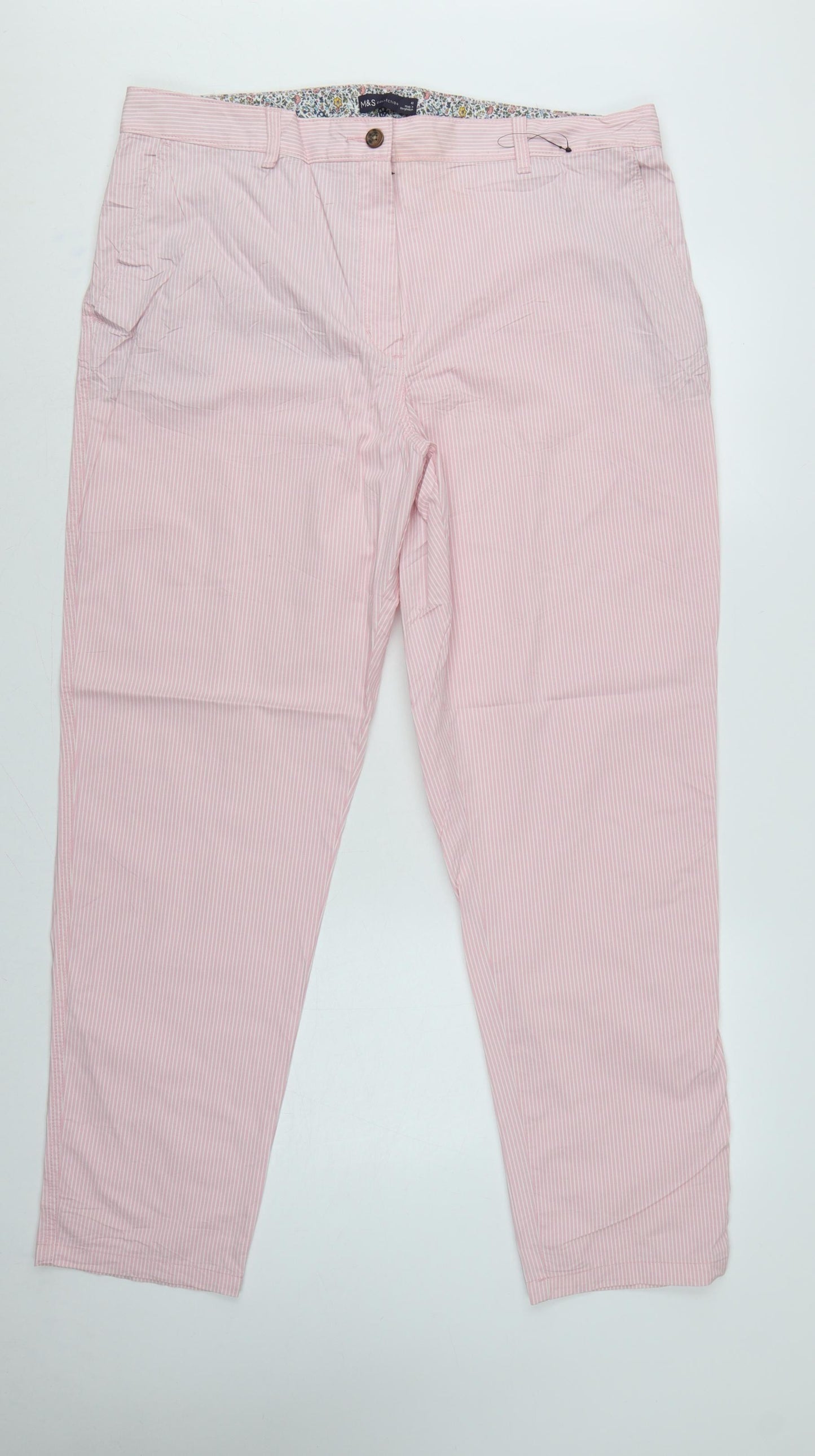 Marks and Spencer Women's Pink Stripe Chino Trousers UK 18 Long