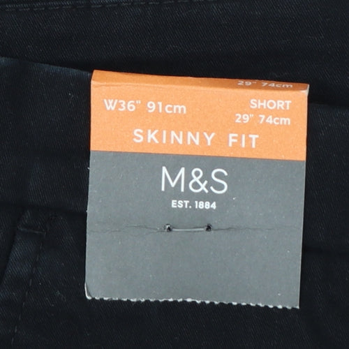 Marks and Spencer Men Black W36 Short Skinny Fit Chino Trousers