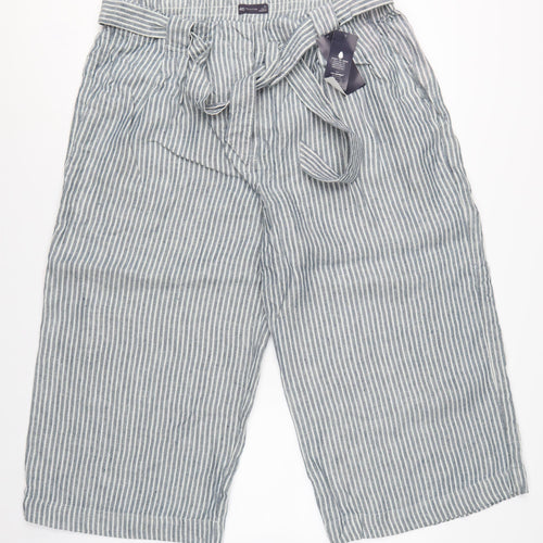M&S Women’s Blue Stripe Linen Blend Wide Leg Cropped Trousers UK 20