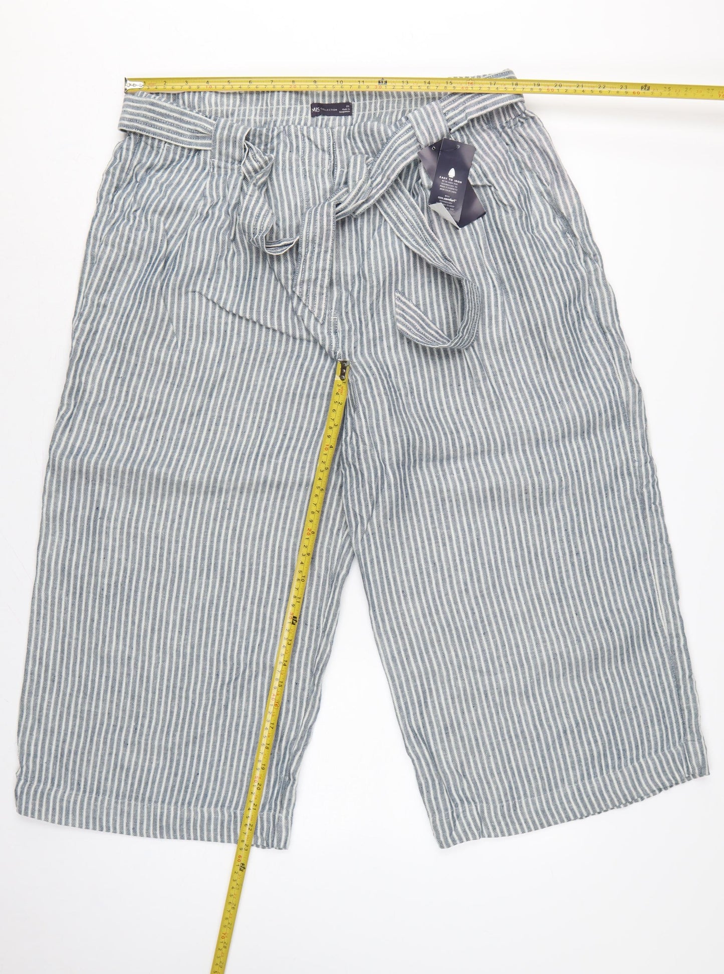 M&S Women’s Blue Stripe Linen Blend Wide Leg Cropped Trousers UK 20