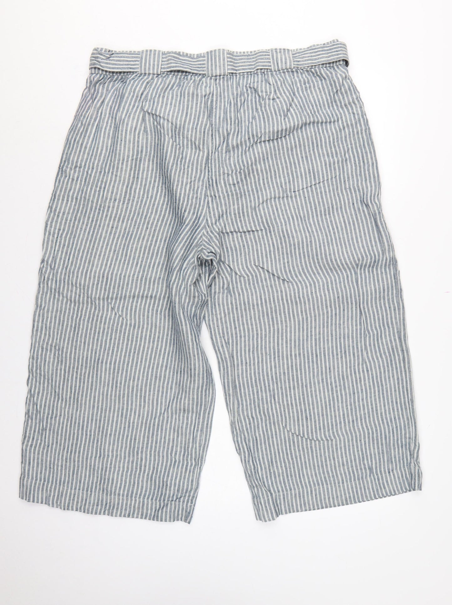 M&S Women’s Blue Stripe Linen Blend Wide Leg Cropped Trousers UK 20