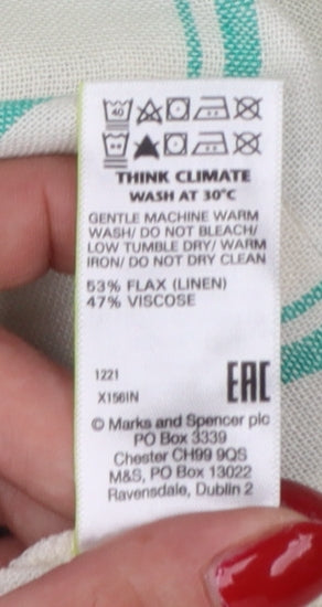 Marks and Spencer Women Beige Green Stripe Size 18 Shift Linen Dress
