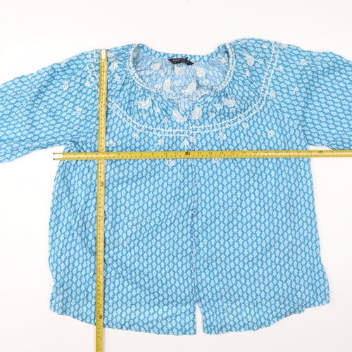 Marks and Spencer Women Blue Size 12 Embroidered Floral Boho Blouse