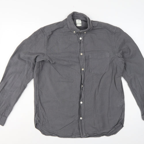 H&M Men Grey M Regular Fit Cotton Button-Down Long Sleeve Shirt