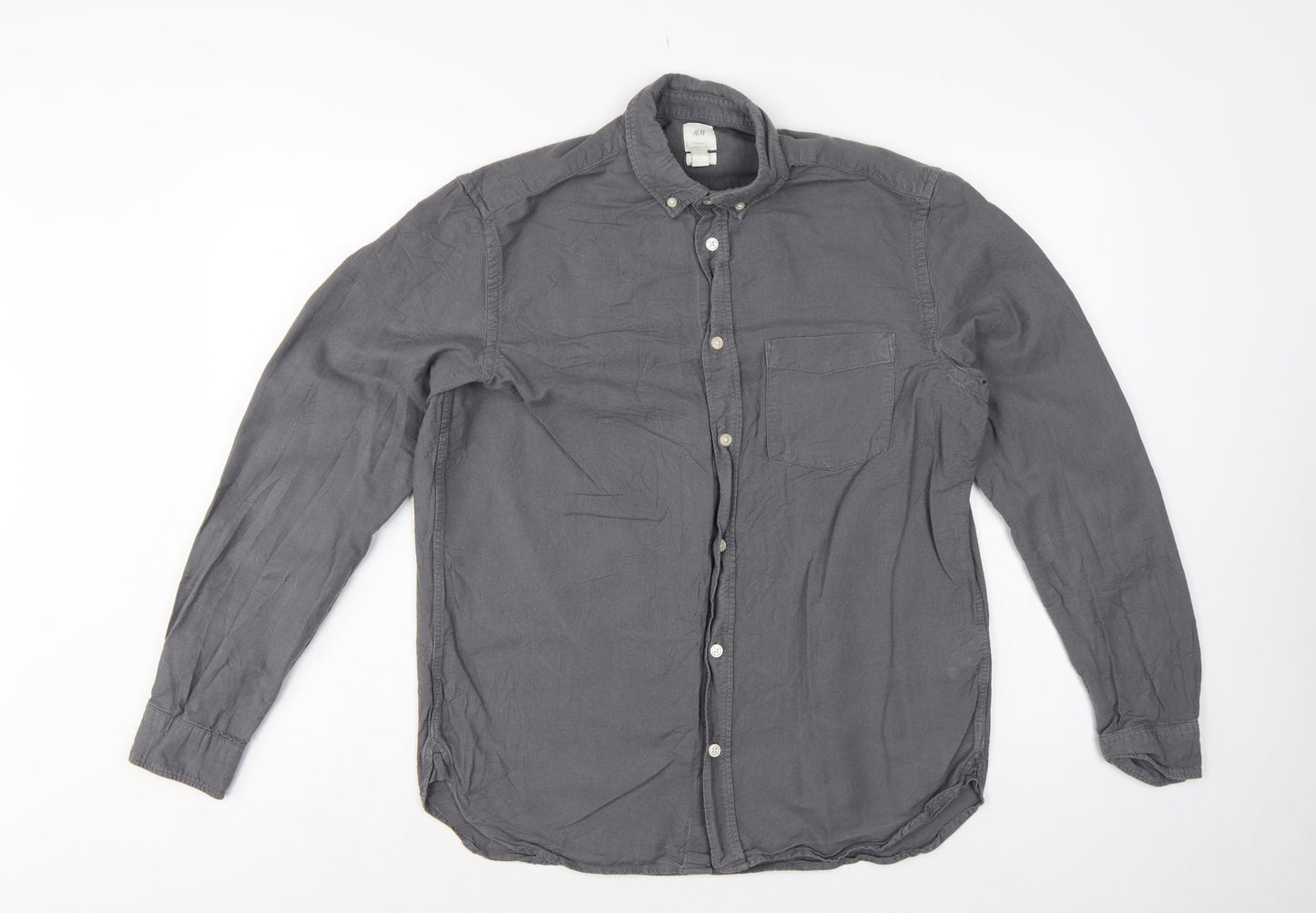 H&M Men Grey M Regular Fit Cotton Button-Down Long Sleeve Shirt