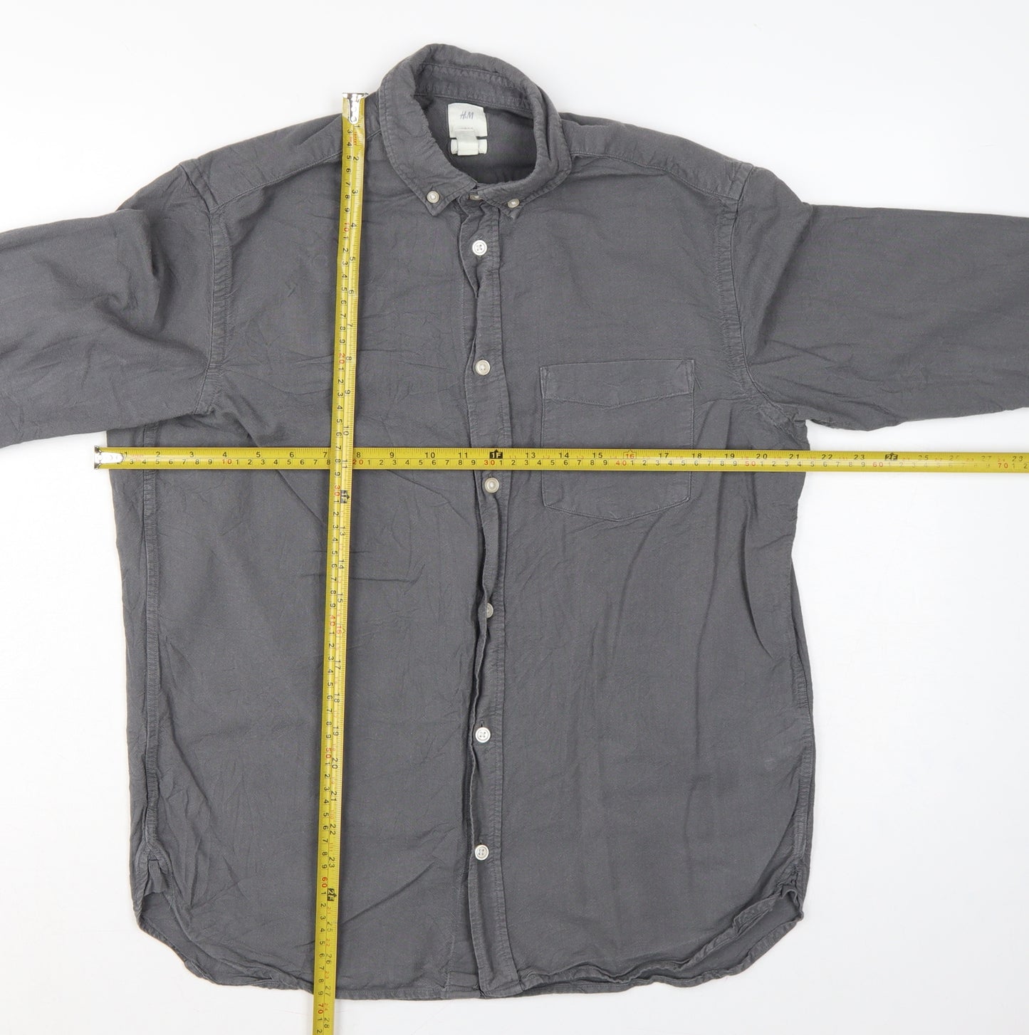 H&M Men Grey M Regular Fit Cotton Button-Down Long Sleeve Shirt