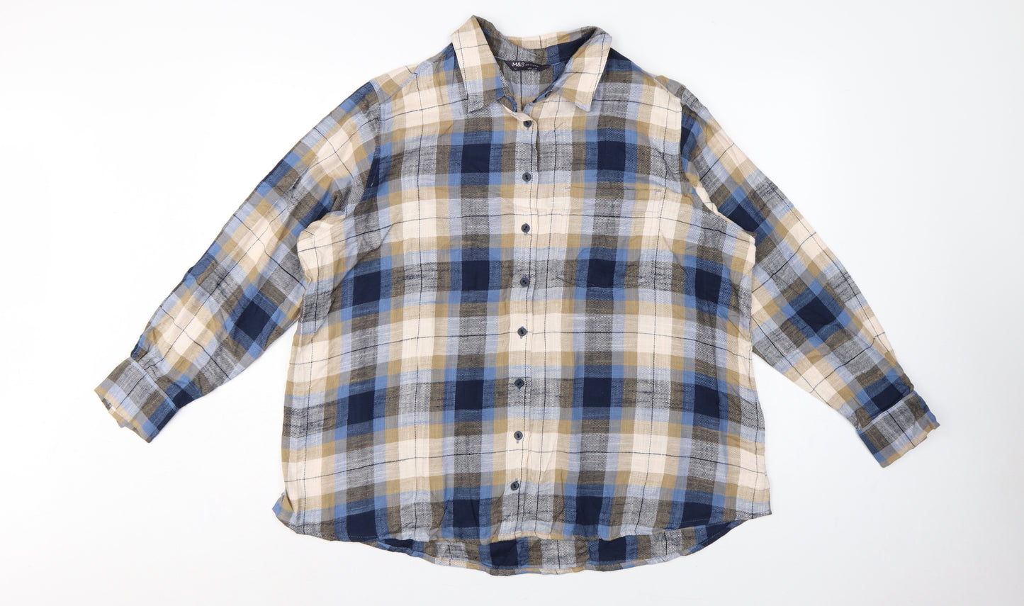 Marks & Spencer Women’s Blue Plaid Cotton Basic Button-Up Shirt UK 16