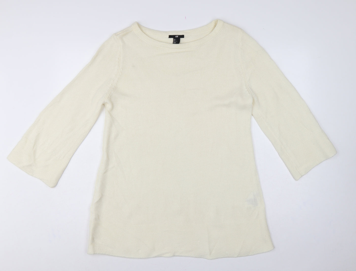 H&M Women’s Ivory Knit Tunic Jumper UK 14 Bell Sleeve Round Neck