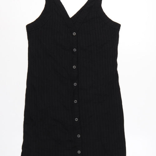 H&M LOGG Women Black UK 14 Ribbed Button Front V-Neck Tank Dress