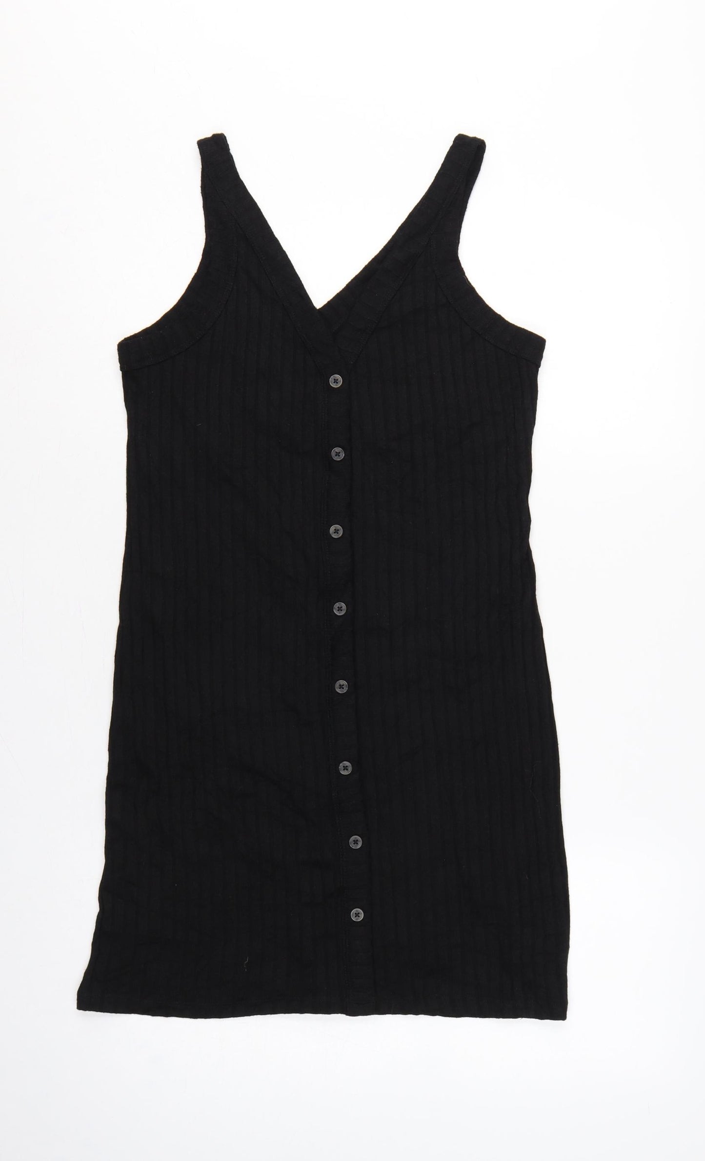 H&M LOGG Women Black UK 14 Ribbed Button Front V-Neck Tank Dress