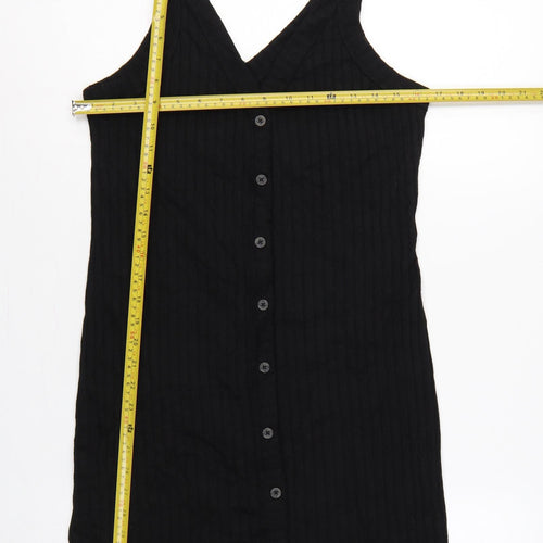 H&M LOGG Women Black UK 14 Ribbed Button Front V-Neck Tank Dress