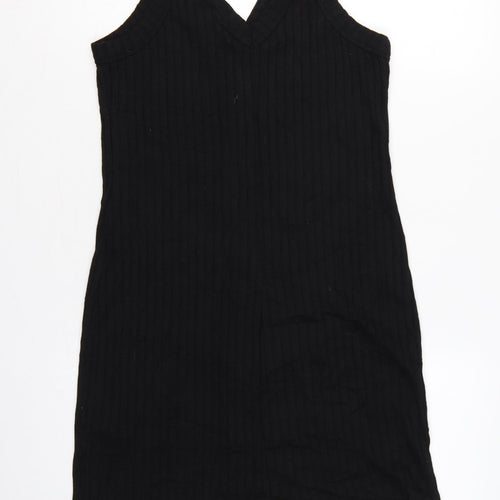 H&M LOGG Women Black UK 14 Ribbed Button Front V-Neck Tank Dress