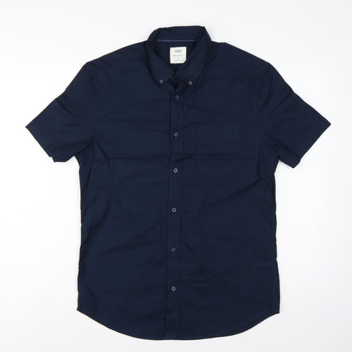 Marks & Spencer Men Blue S Regular Fit Cotton Button-Down Shirt