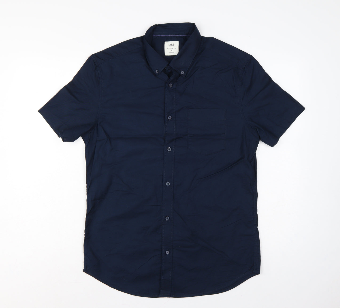 Marks & Spencer Men Blue S Regular Fit Cotton Button-Down Shirt