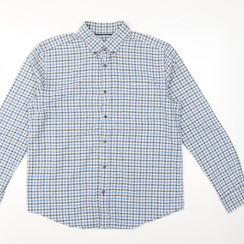 John Lewis Men Blue White Check Cotton Oxford Button-Up Shirt M