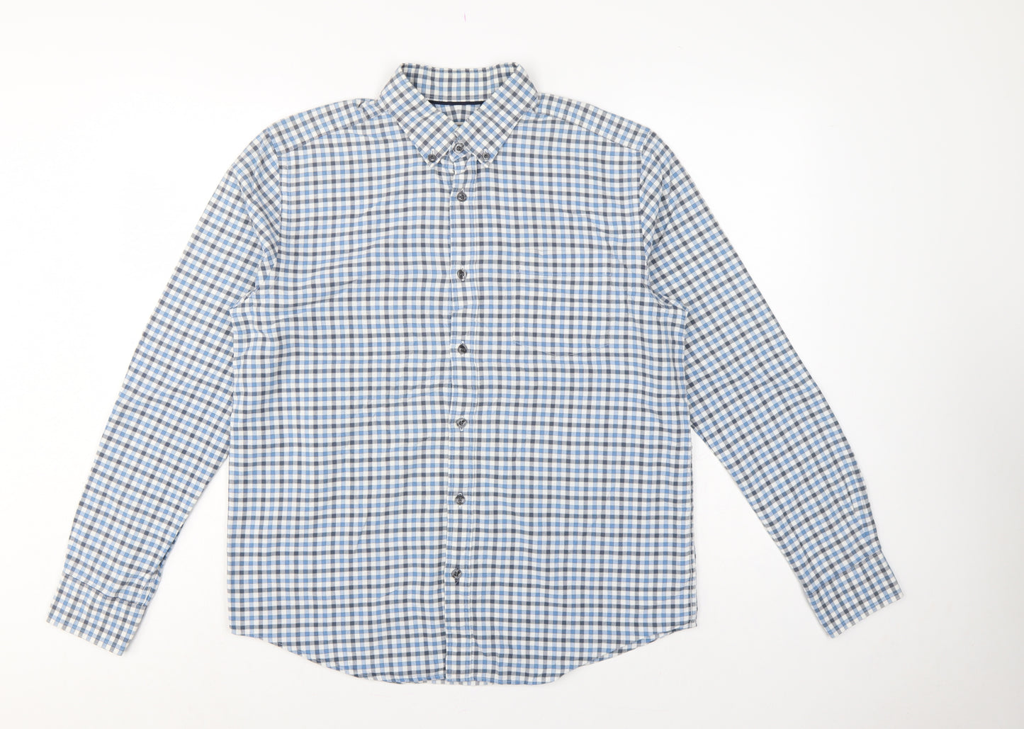 John Lewis Men Blue White Check Cotton Oxford Button-Up Shirt M