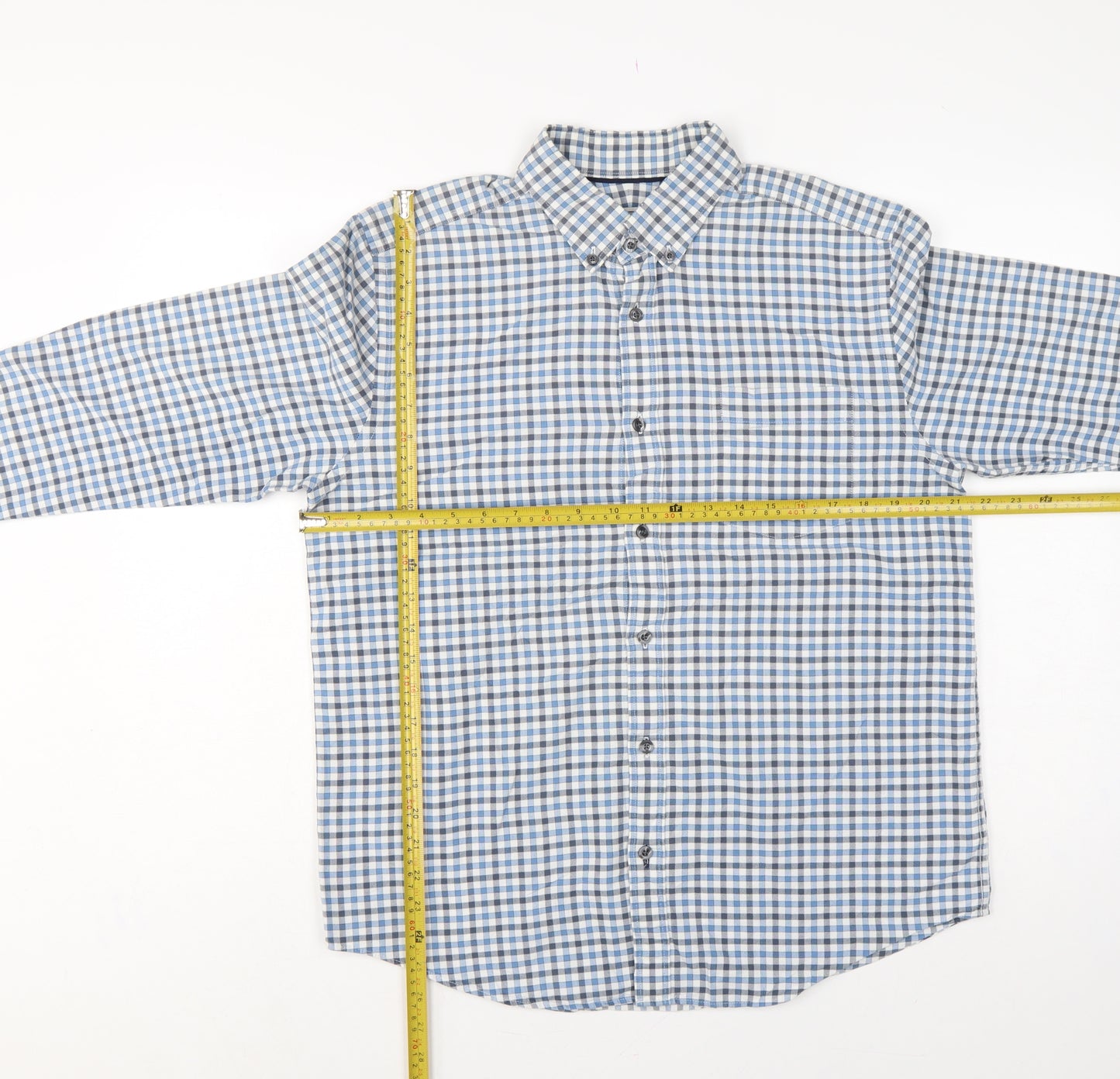 John Lewis Men Blue White Check Cotton Oxford Button-Up Shirt M