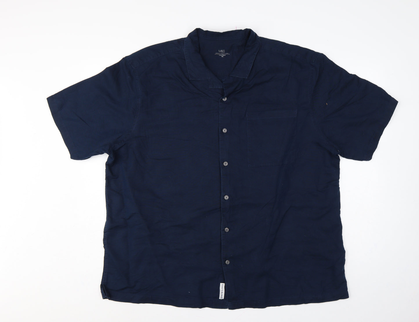 Marks and Spencer Men Blue XXL Linen Blend Short Sleeve Button-Up Shirt