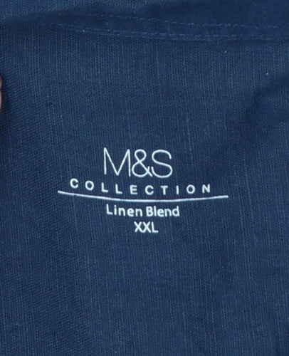 Marks and Spencer Men Blue XXL Linen Blend Short Sleeve Button-Up Shirt