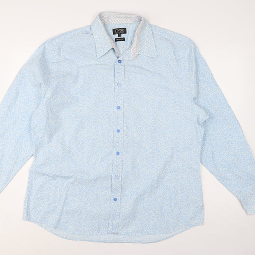 Jeff Banks Men Light Blue 17.5 Floral Cotton Long Sleeve Button-Up Shirt