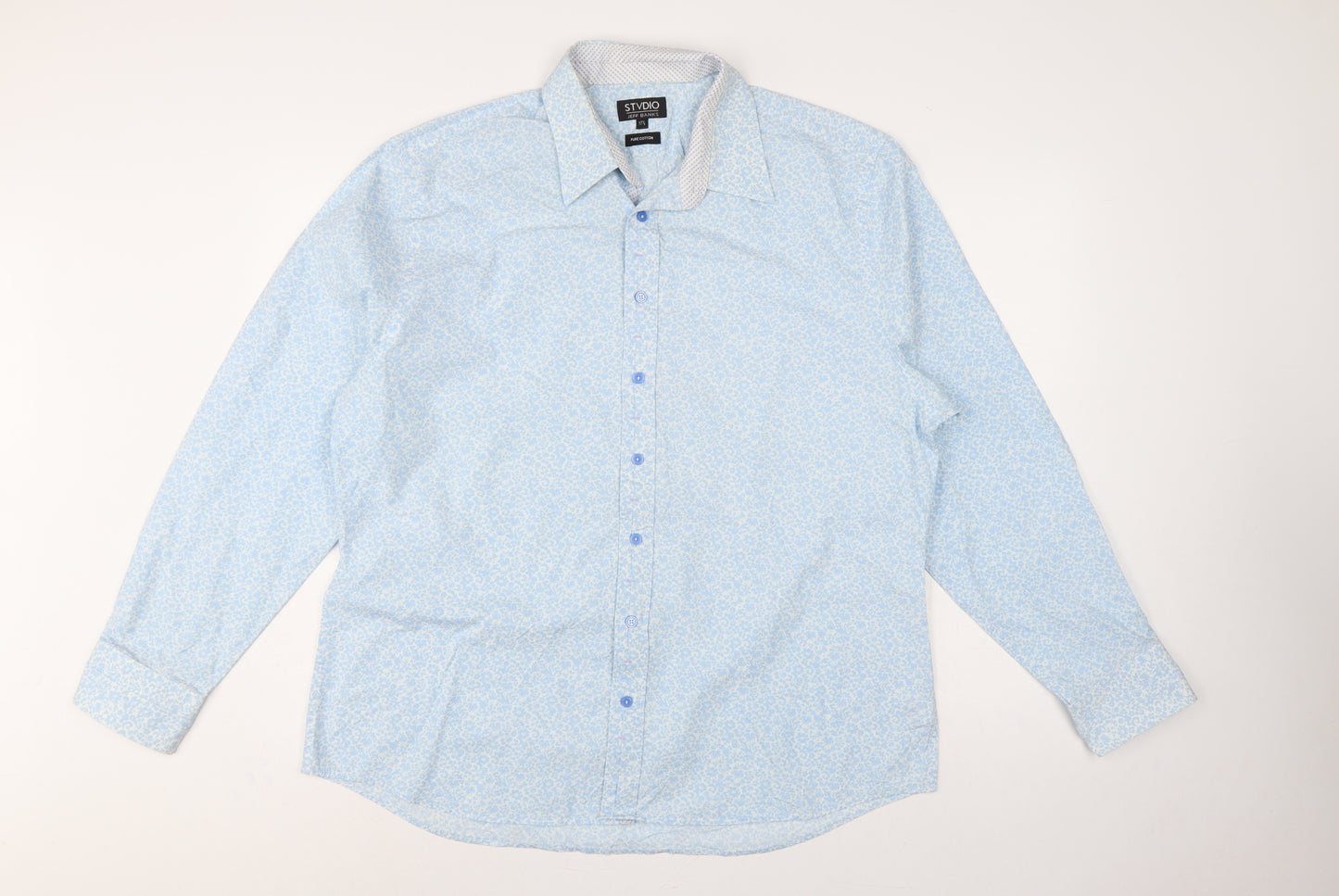 Jeff Banks Men Light Blue 17.5 Floral Cotton Long Sleeve Button-Up Shirt