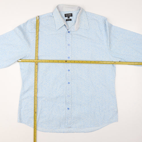Jeff Banks Men Light Blue 17.5 Floral Cotton Long Sleeve Button-Up Shirt