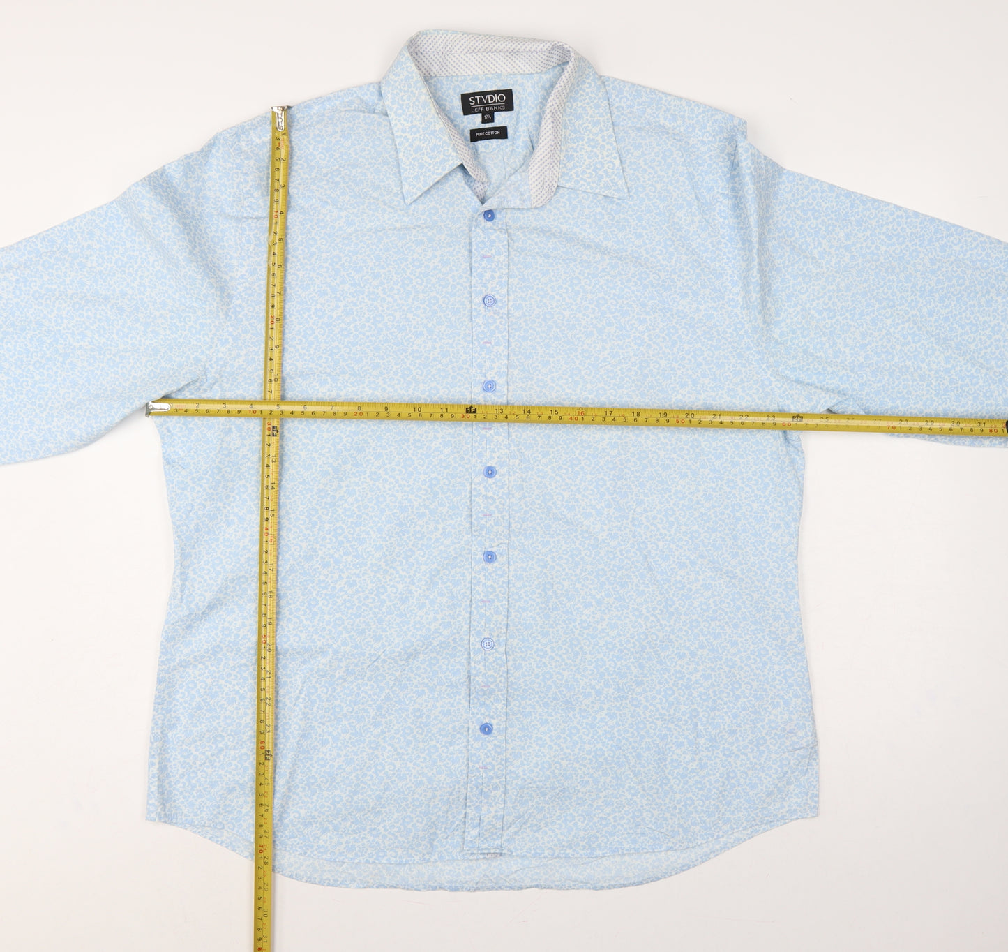 Jeff Banks Men Light Blue 17.5 Floral Cotton Long Sleeve Button-Up Shirt
