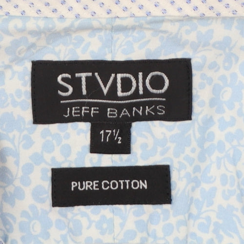 Jeff Banks Men Light Blue 17.5 Floral Cotton Long Sleeve Button-Up Shirt