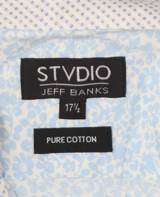 Jeff Banks Men Light Blue 17.5 Floral Cotton Long Sleeve Button-Up Shirt