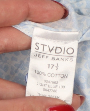 Jeff Banks Men Light Blue 17.5 Floral Cotton Long Sleeve Button-Up Shirt
