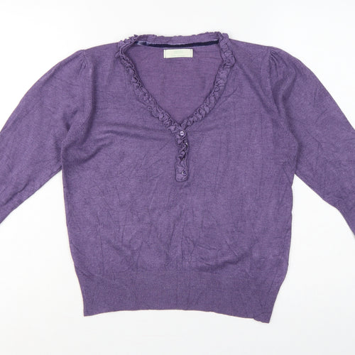 Marks and Spencer Women Purple UK 12 Henley V-Neck Ruffle Knit Jumper
