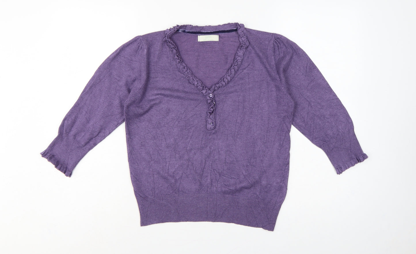 Marks and Spencer Women Purple UK 12 Henley V-Neck Ruffle Knit Jumper
