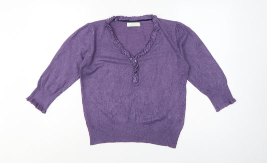Marks and Spencer Women Purple UK 12 Henley V-Neck Ruffle Knit Jumper