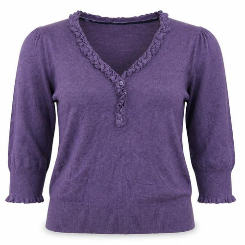 Marks and Spencer Women Purple UK 12 Henley V-Neck Ruffle Knit Jumper