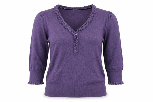 Marks and Spencer Women Purple UK 12 Henley V-Neck Ruffle Knit Jumper