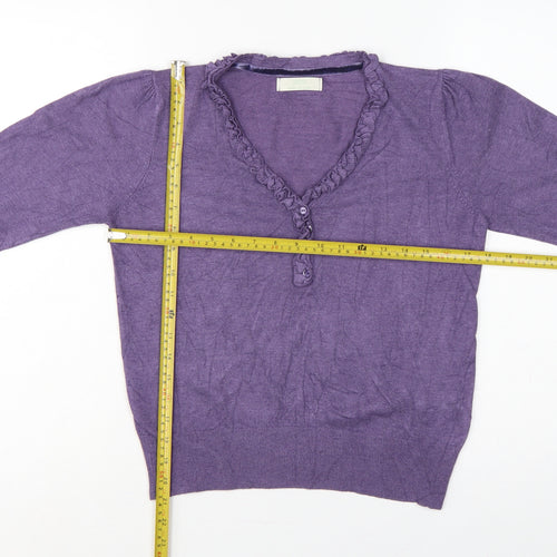 Marks and Spencer Women Purple UK 12 Henley V-Neck Ruffle Knit Jumper